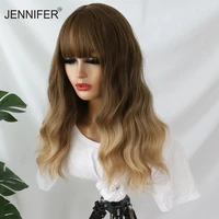 jennifer long blonde wavy synthetic wigs for women with bangs high density natural cosplay hair brown ombre heat resistant