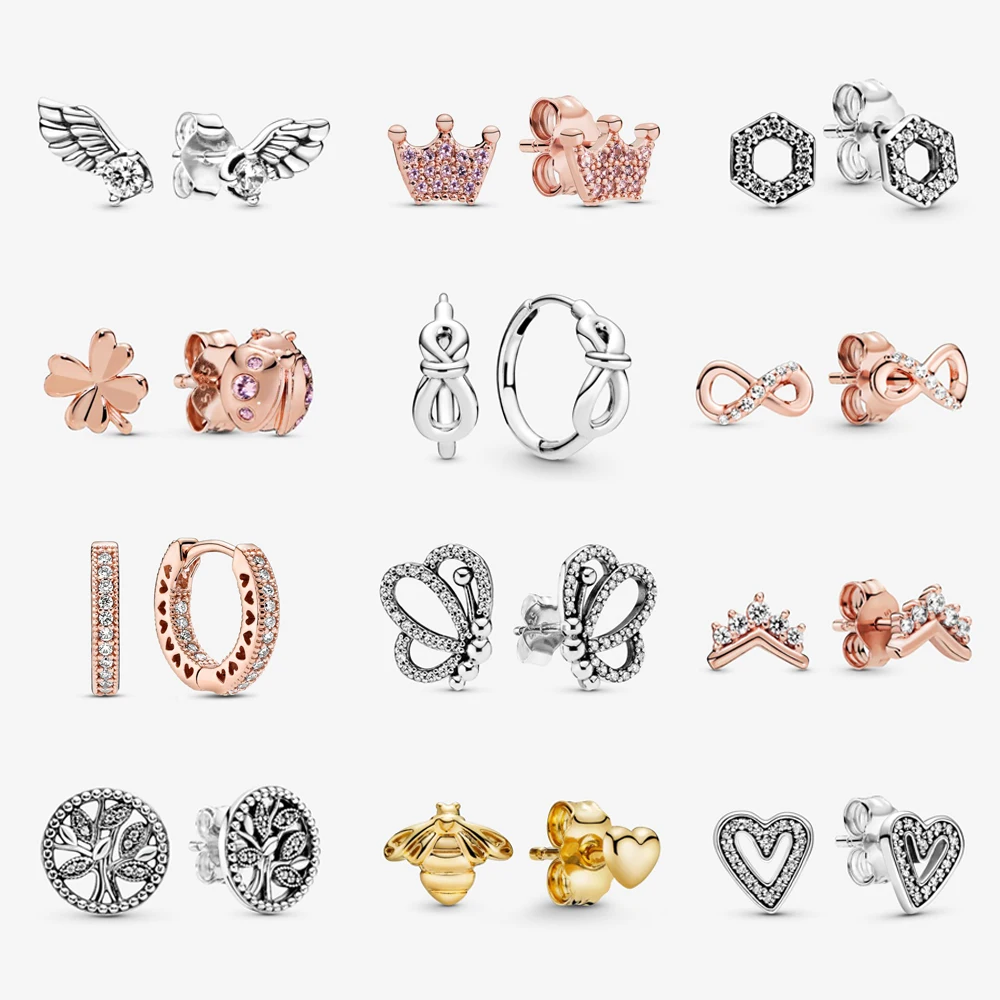 

925 Sterling Silver Earrings 2021 Stud Crystal Earings For Women Original Rose Gold Ladybug Butterfly Heart Earing Jewelry