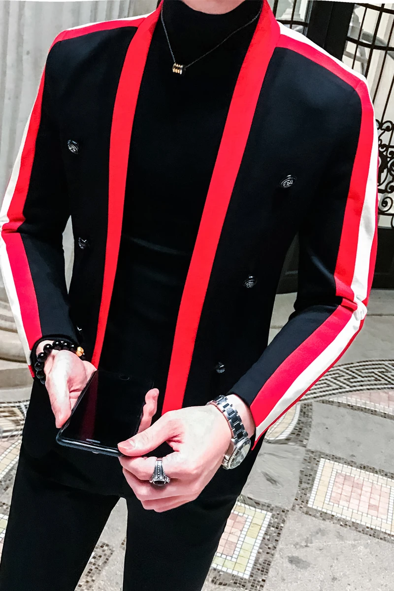 Striped Blazer Hombre Men Suit Coat Male Trend Hip-hop Blazers Autumn Night Hairstyle Division Personality Loose Jacket New | Мужская
