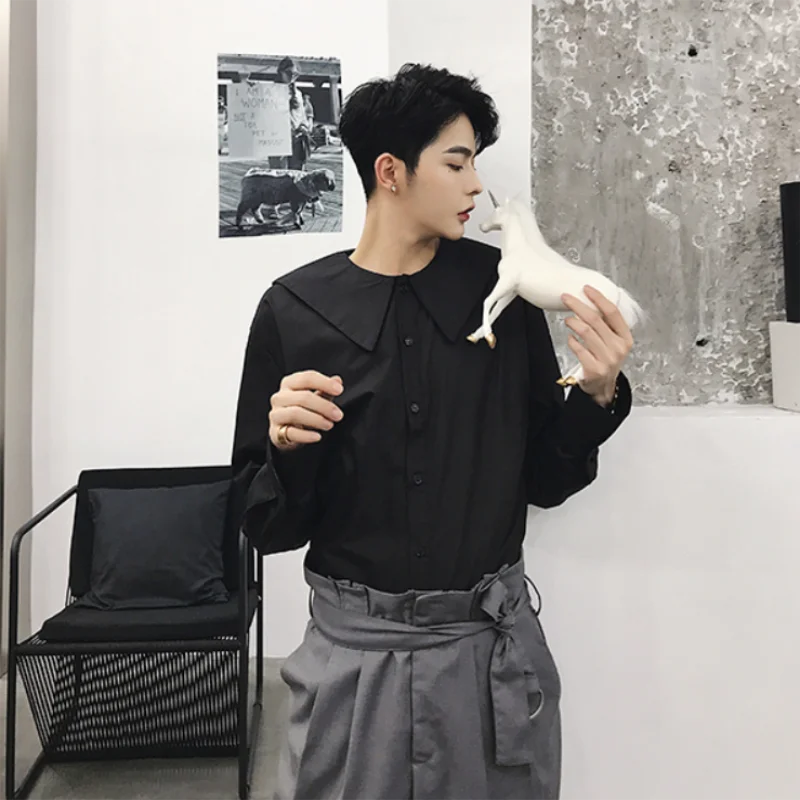 Men's Long-Sleeve Shirt Spring And Autumn New Style Baby Collar Korean Japanese Fashion Pure Color Leisure Large Shirt