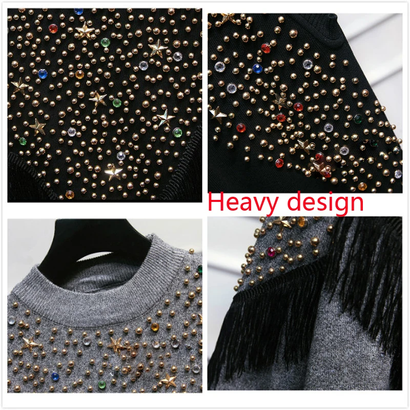 Качественный вязаный комплект из двух предметов со стразами и бисером Женский