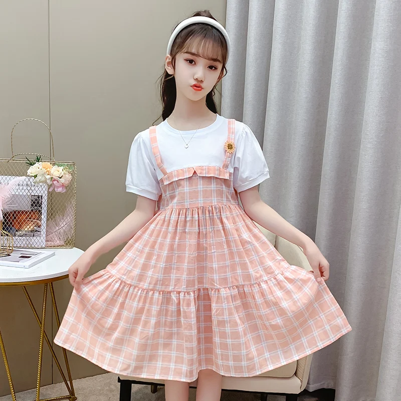 

Tz Boutique 2021 Summer New Style Sling Fake Two-piece Dress 4 To 12 Years Old Girl Pure Cotton Dress