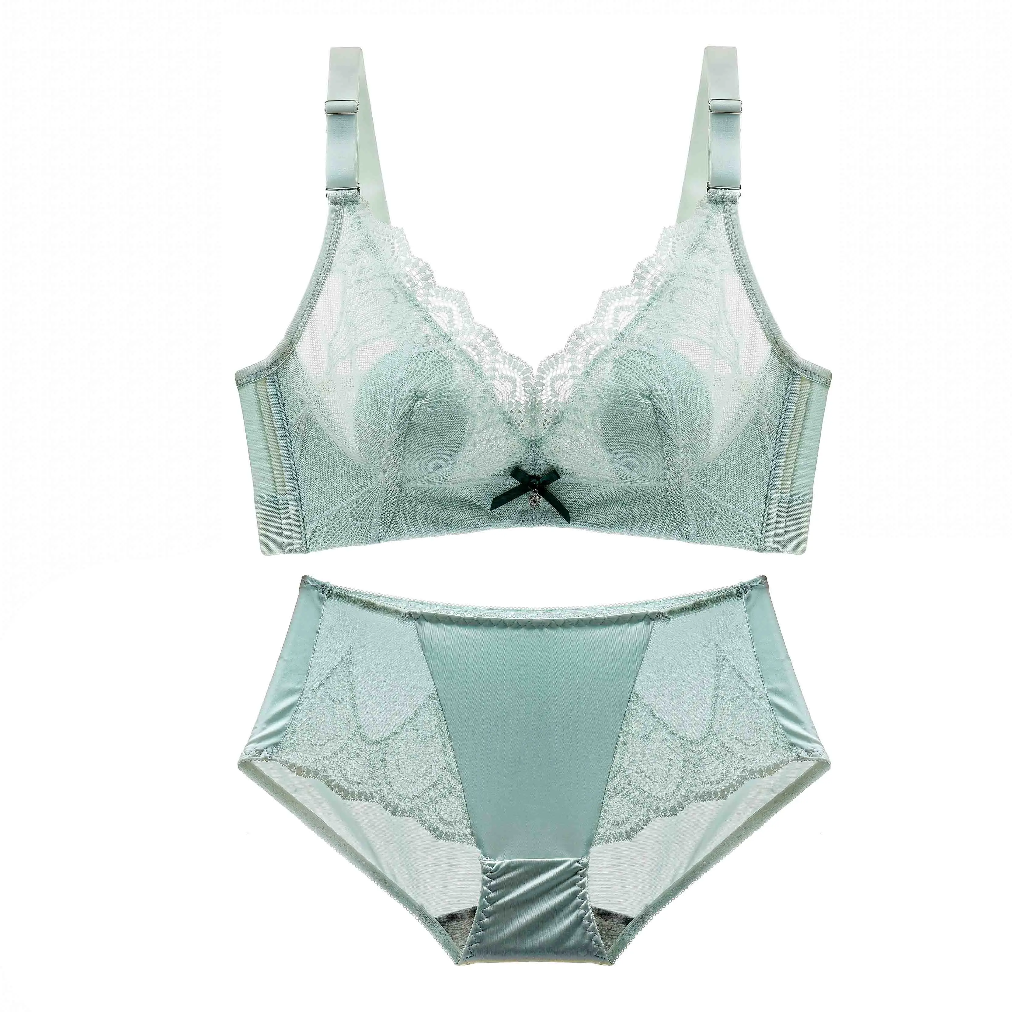 

Lace Bra & Brief Sets Ultra-thin Transparent Ruffles Straps With Bowknot Breathable Wirefree Mint Green Brassiere Lingerie Women
