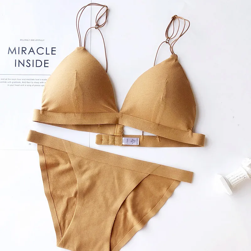 orange bra set Wriufred, простой модальный хлопковый комплект нижнего белья, тонкие бретельки, собранный сексуальный бюстгальтер и трусики, удобный треугольный бюстгальтер - Цвет: orange bra set