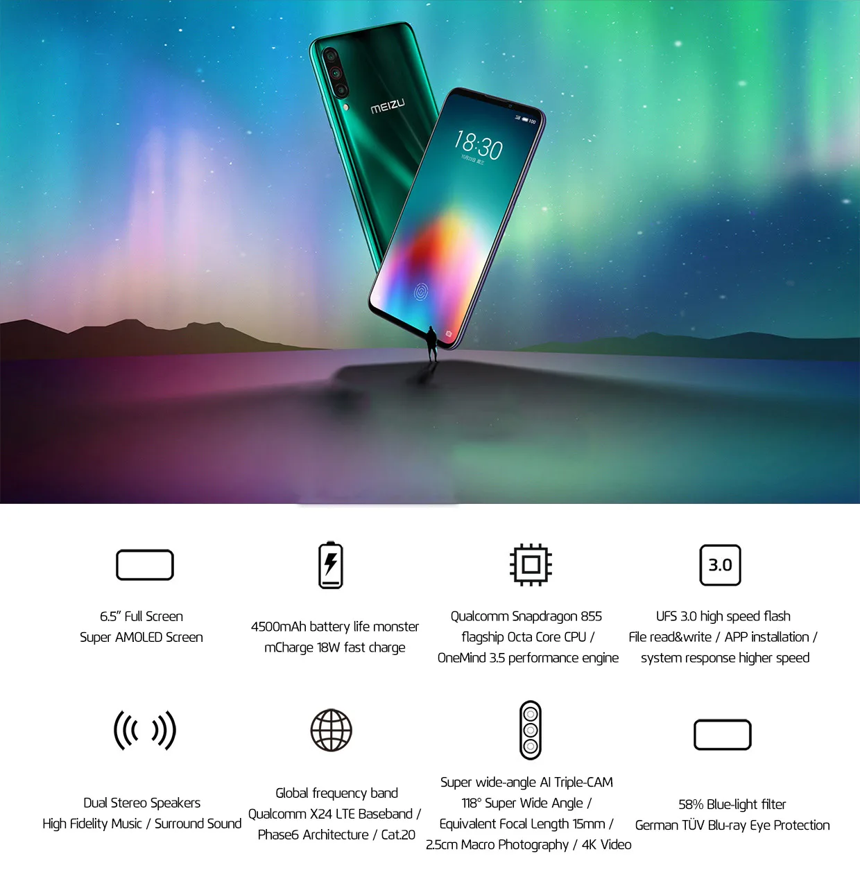 Meizu 16 T, 6 ГБ, 128 ГБ, 8 ГБ, 256 ГБ, Смартфон Snapdragon 855, тройная камера, 4500 мА/ч, большая батарея, стерео, два динамика