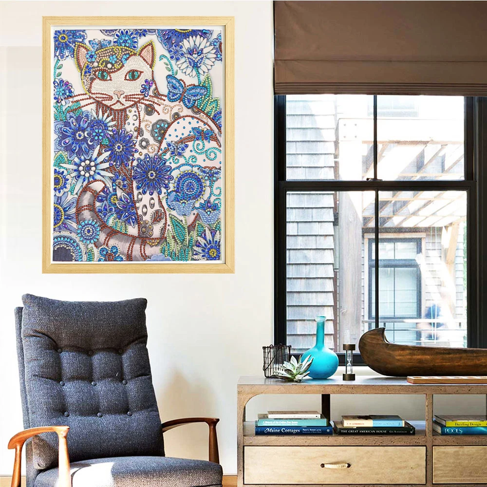 Алмазная картина в специальной форме с котом и голубым цветком DIY 5D Набор для