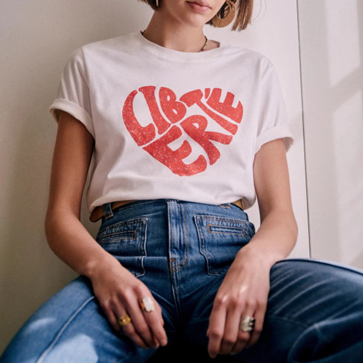 

Jastie Vintage LIBERTÃ‰ Love Print Graphic Tees Women tshirts O-Neck Short Sleeve Summer Shirts Tops White Cotton T-Shirts Ladies