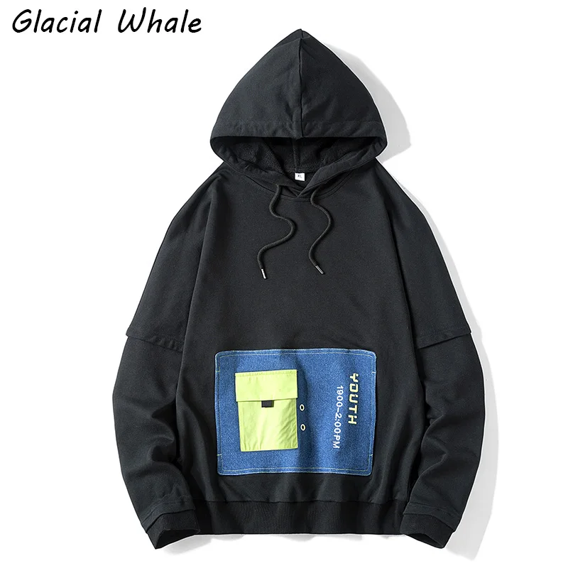 

GlacialWhale Mens Hoodies Men 2021 Harajuku Patchwork Hip Hop Sweatshirt Japanese Streetwear Vintage Oversized Black Hoodie Men