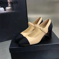 spring autumn classic square heels women shoes real leather mixed color patchwork buckle strap mary jane shoes women pumps 2021