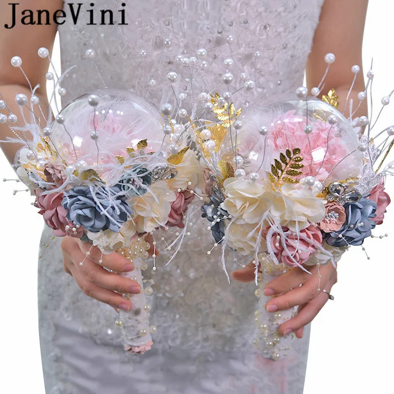 JaneVini роскошный свадебный букет из перьев и жемчуга искусственные розовые цветы