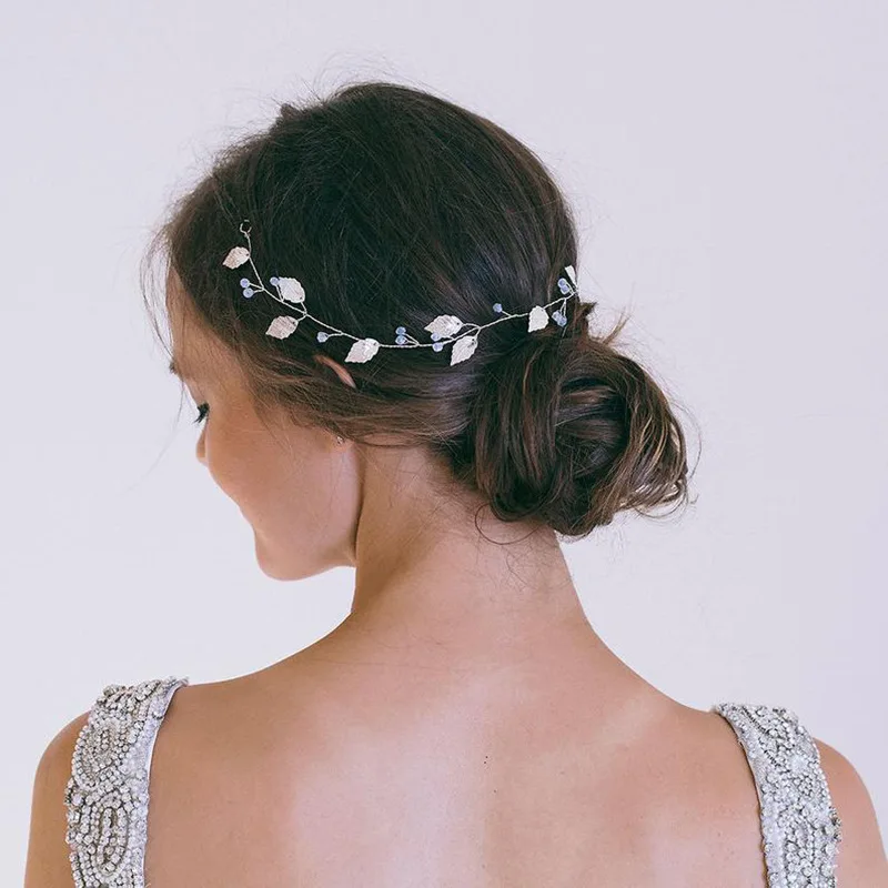 Женская длинная повязка на голову розово-золотистая или Серебристая Свадебная с