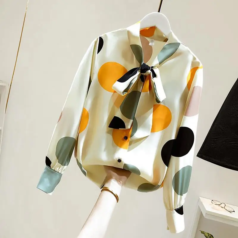 

Женские Модные шифоновые рубашки в горошек, весна-осень 2021, женские рубашки с длинным рукавом и бантом, дамские повседневные блузки с V-образ...