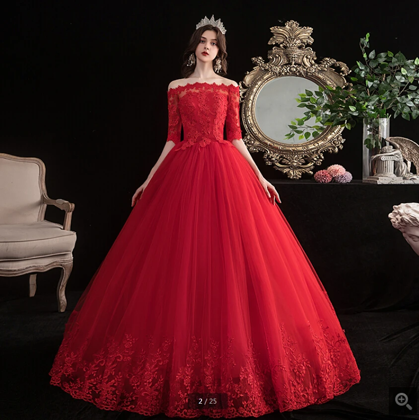 Robe de mariage 2020 Красное Кружевное бальное платье с аппликацией свадебное открытыми