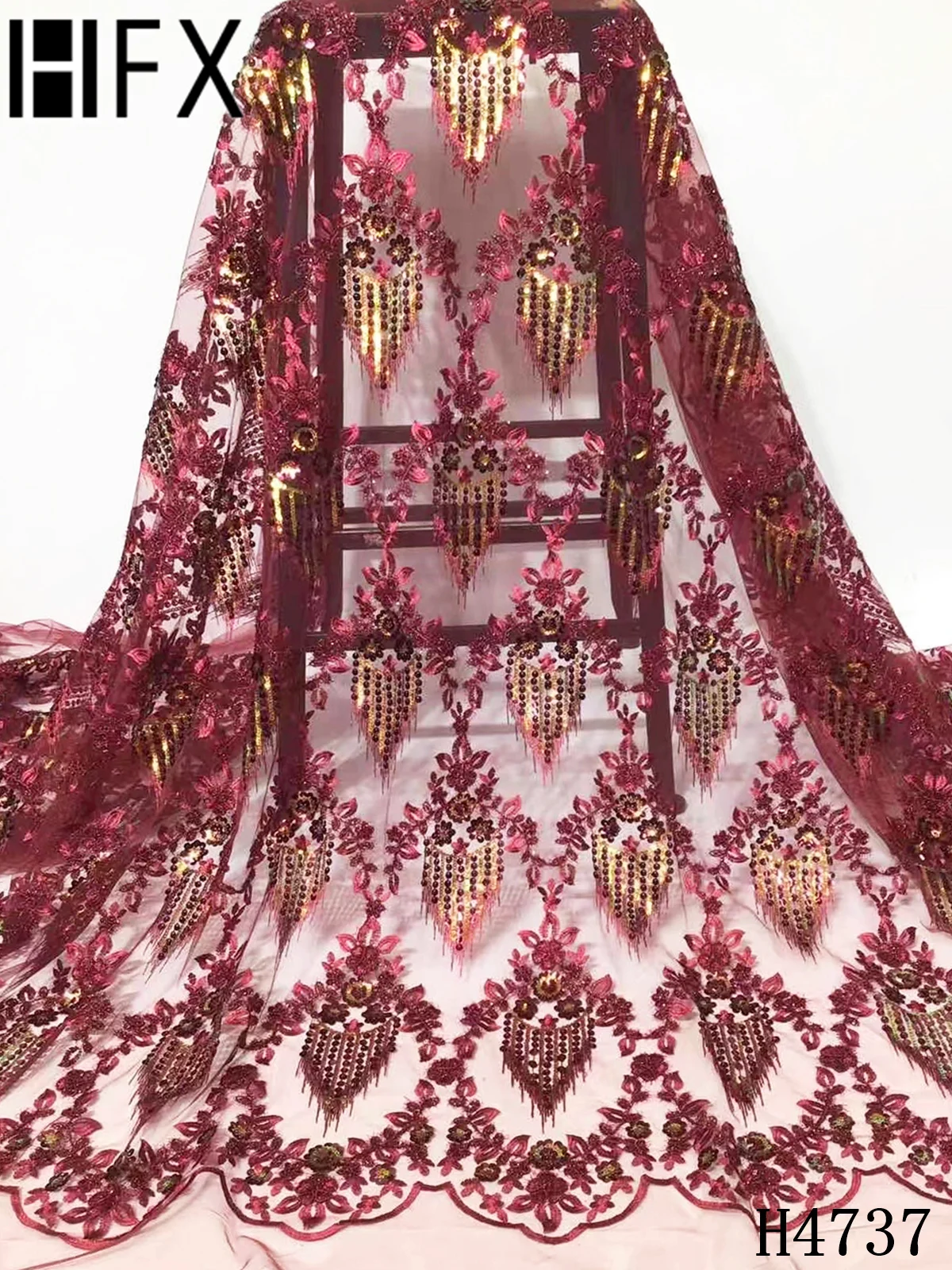 

HFX African Net Lace French Sequin Fabric 2021 New Design French Tulle Lace Nigerian Sequins Mesh Fabrics For Party Dress F4737