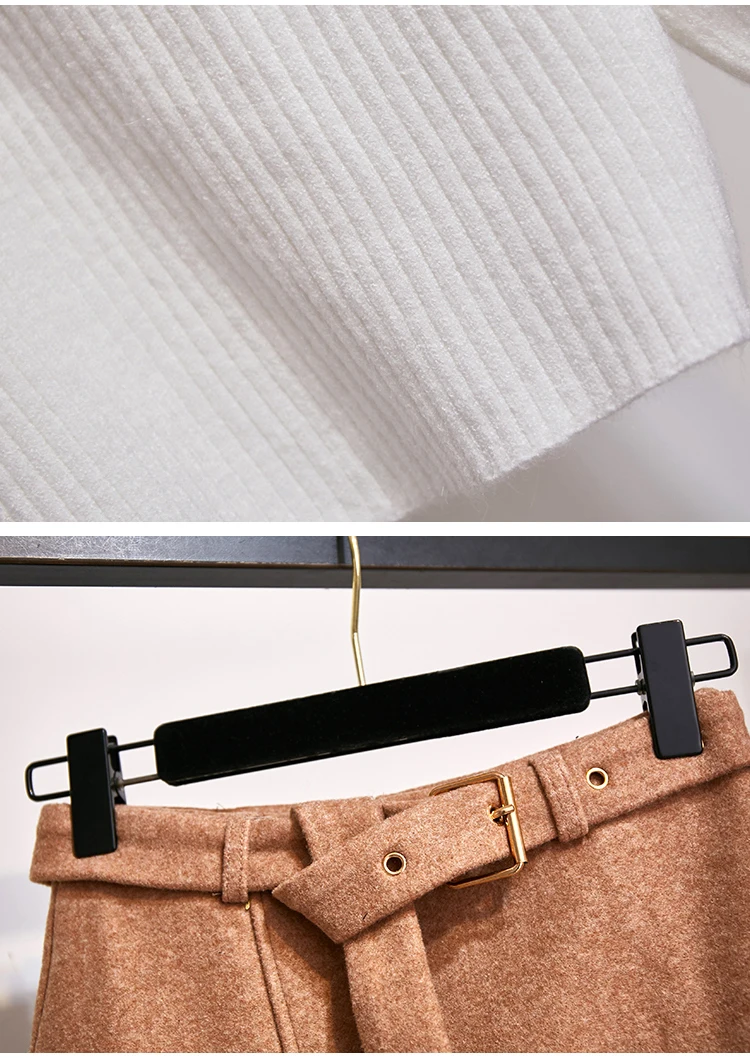 New Winter Pullover Sweater& Woolen Cloth Lantern Sleeve Knitted Top Irregular Skirt Suit With Belt Outfit Casaul Clothes
