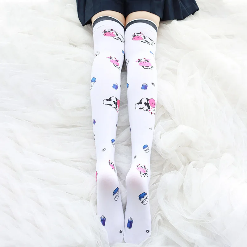 

Lolita Student Girls Stockings Cute Cow Milk Box Pattern Velvet Long Stocking White Overknee Tights Socks For Women 60cm