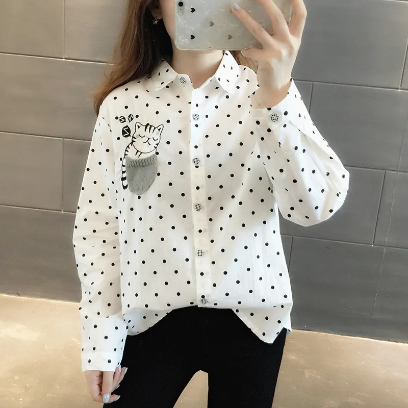 YUPINCIAGA Весна 2020 женская белая рубашка с карманом и вышивкой кошки Свободный Топ