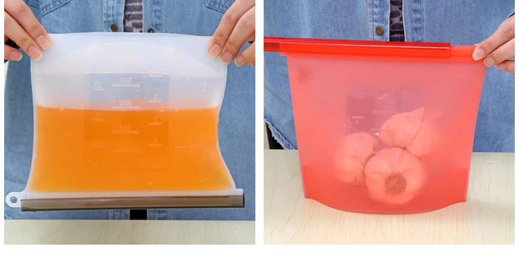 Reusable silicone food bag Silicone ziplock bags Refrigerator food freezer bags 1000ml milk fruit meat fresh sealed storage bags