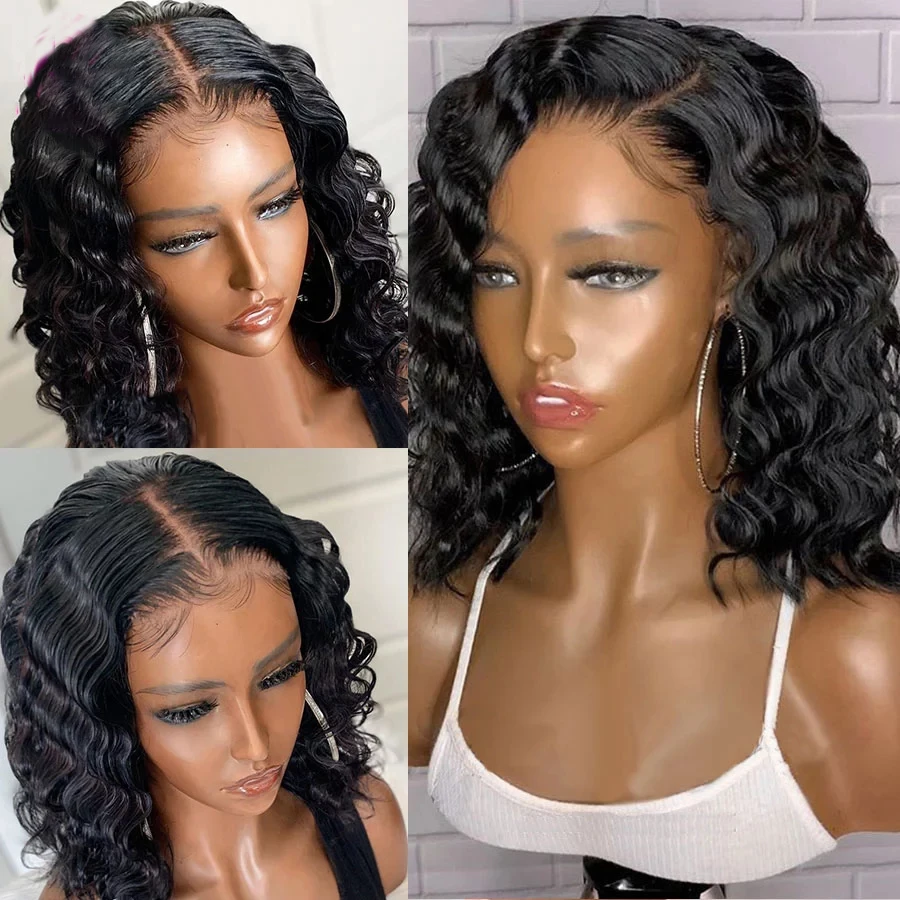 

Blunt Short Cut Bob Deep Wave Lace Front Wigs for Black Women Babyhair Glueless Synthetic Preplucked Middle Part Curly 180% Soft