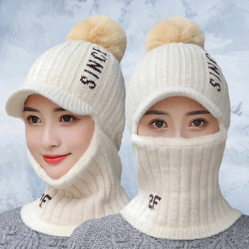 

New Women Letter Winter Hat Keep Neck Warmer Hat Set Thick Beanie Hat Casual Winter Hats For Women Add Fur Lining Warm Knitted H