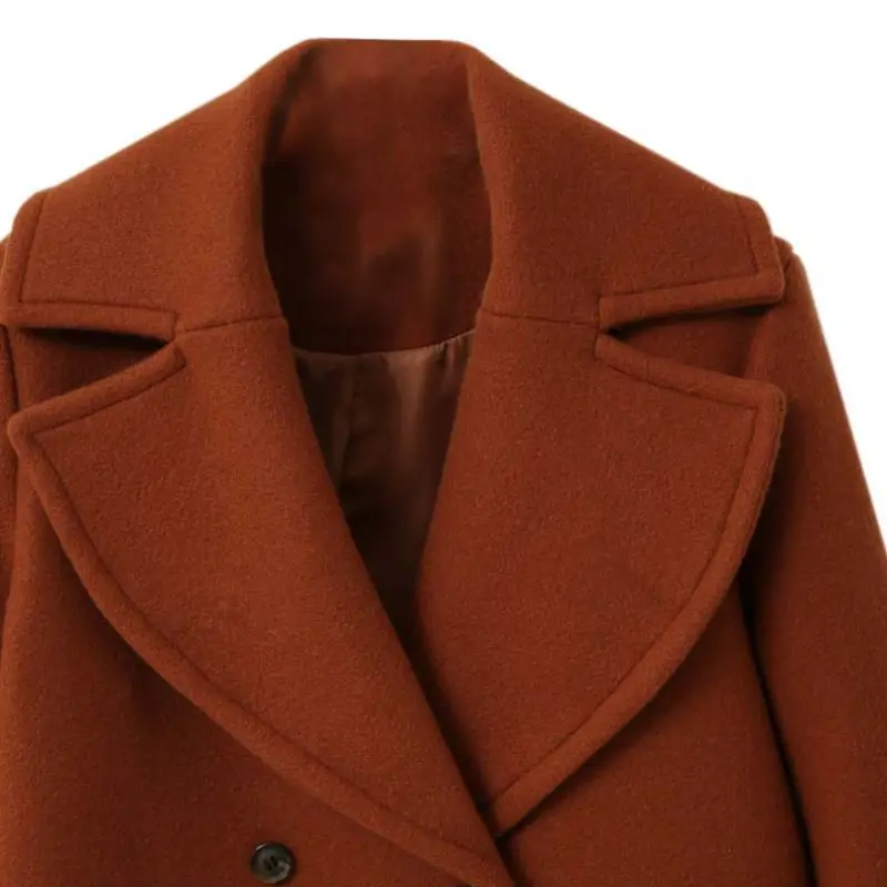 

Women Winter Wool Coat Lapel Solid Color Long Outwear Loose Fashion Female Double Breasted Blends