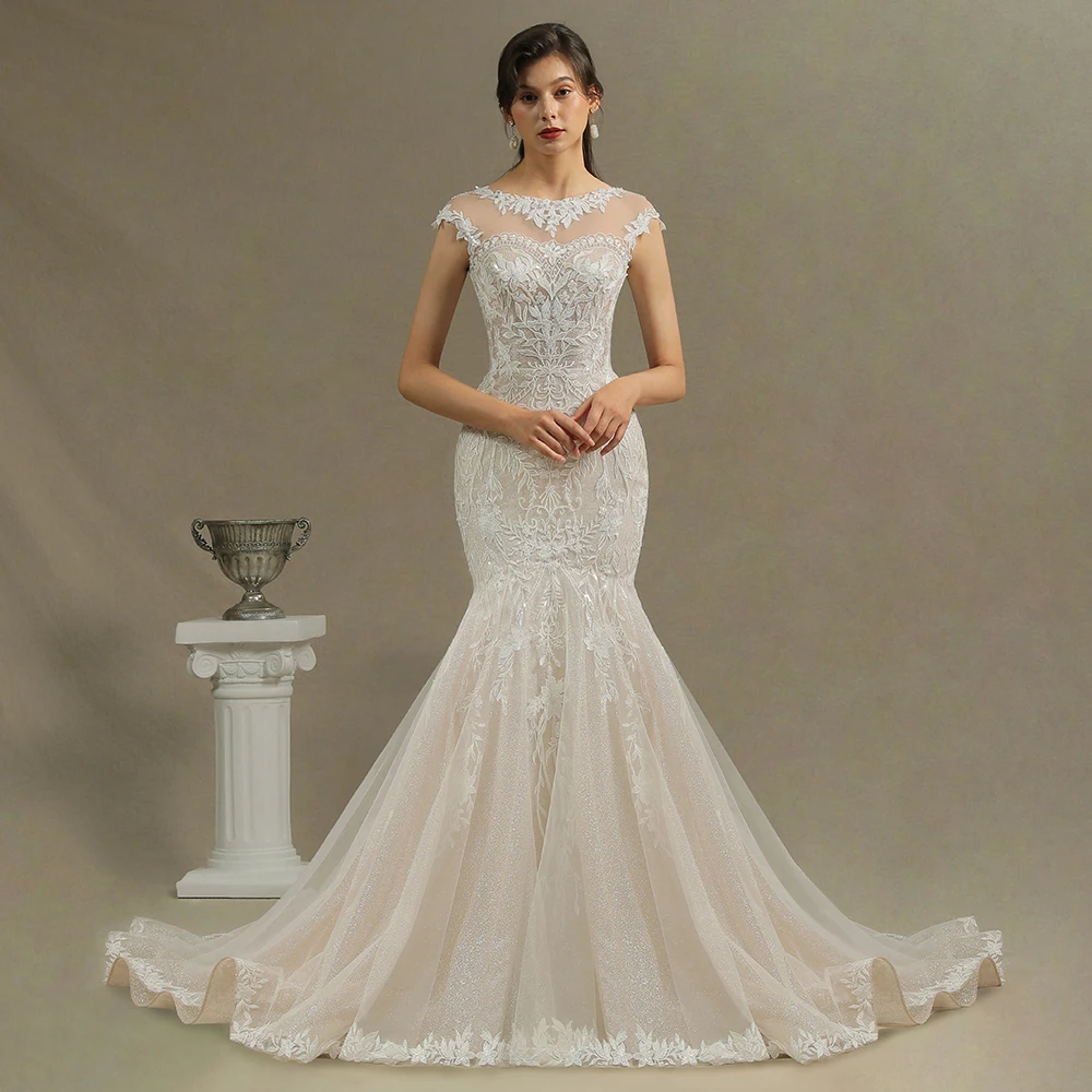

Sexy Soft Tulle Lace Mermaid Wedding Dresses Vestido de Noiva Luxury Sparkly Train Scoop Neck Wedding Bridal Gowns Robe de Marie