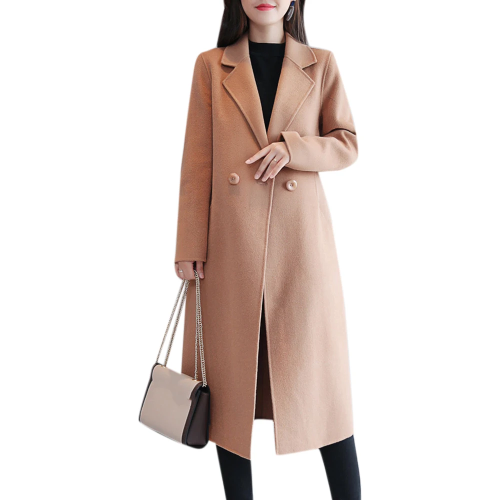 

Pure Color Winter Women Blends Coats Double Breasted Turn Dowen Collar Mid-Length Outwear Wools Elegant Office Lady Overcoats