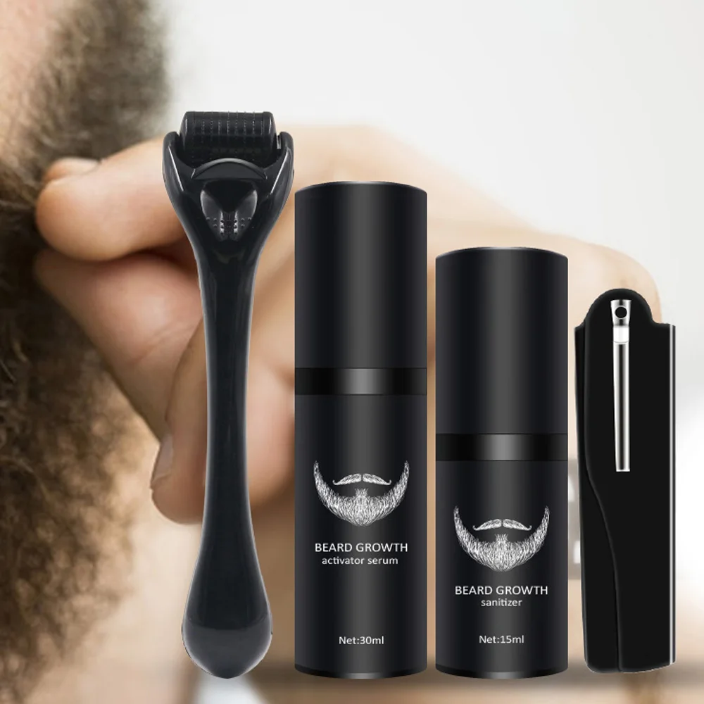 

4pcs/set Men The Beard Growth Oil Kit Grooming Serum Beard Roller Disinfect Spray Barbe Comb Brush Hair Care Treatment Products