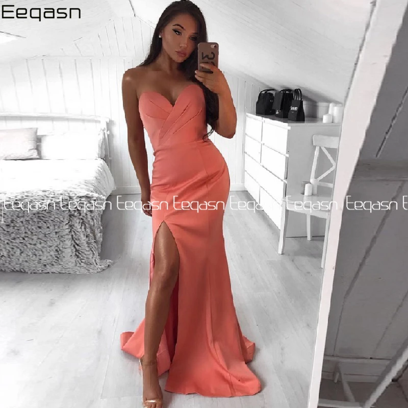 

Charming Mermaid Prom Dresses 2020 Sleeveless V Neck Back Open Women Satin Long Party Dress Side Split Formal Evening Gown