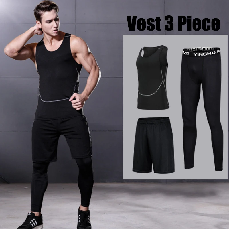 

TaoBo 3pcs/Sets Fitness Short Vest+Pants Men's Run Jogging Workout Compression set Extreme Sports Gym Men's Tights