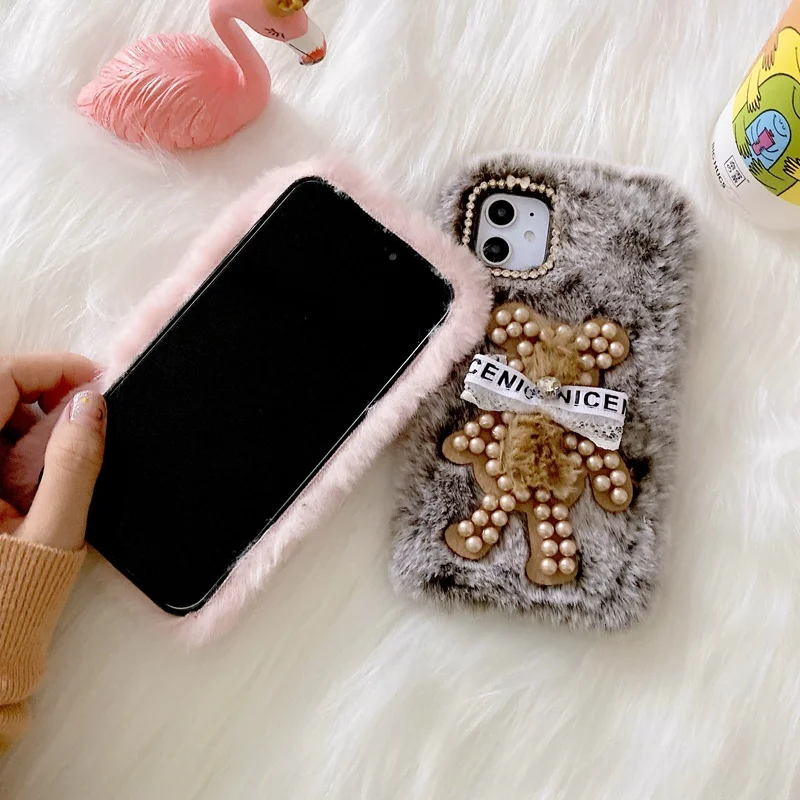 

Cute Bear Cartoon Phone Case For Samsung Note 20 10 Pro Note 9 Warm Fur Plush Diamond Cover