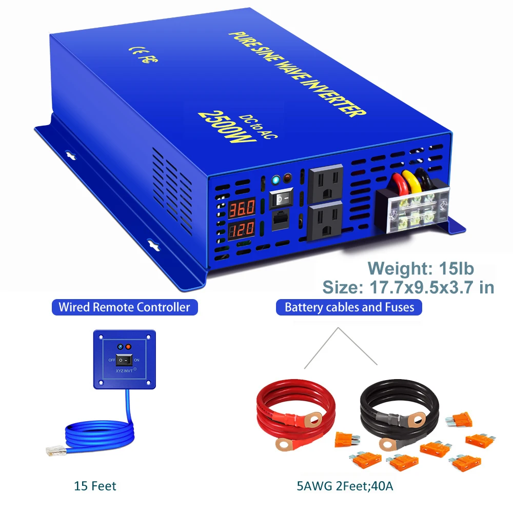 

XYZ INVT 2500W Pure Sine Wave Inverter 12V 24V 36V 48V DC TO AC 220V Off-grid System Solar Inverters With Wired Remote Control