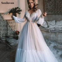 smileven bohemian wedding dresses modest puffy long sleeve lace wedding gowns romantic buttons back vestido de noiva bride dress