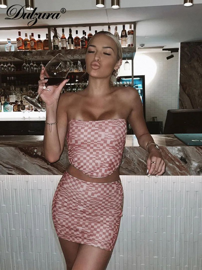 

Dulzura/клетчатый женский комплект из 2 предметов с клетчатым принтом, майка без рукавов с перчатками, мини-юбка, уличная одежда, вечерние Клубн...