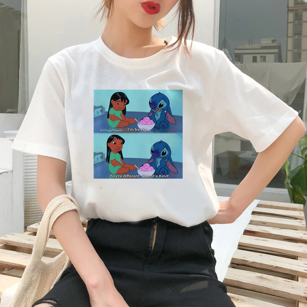 

Disney Lilo and Stitch Ohana T-shirts Women Casual White Tops O-neck Tee Classic Animation Popular Female T shirts Oversize