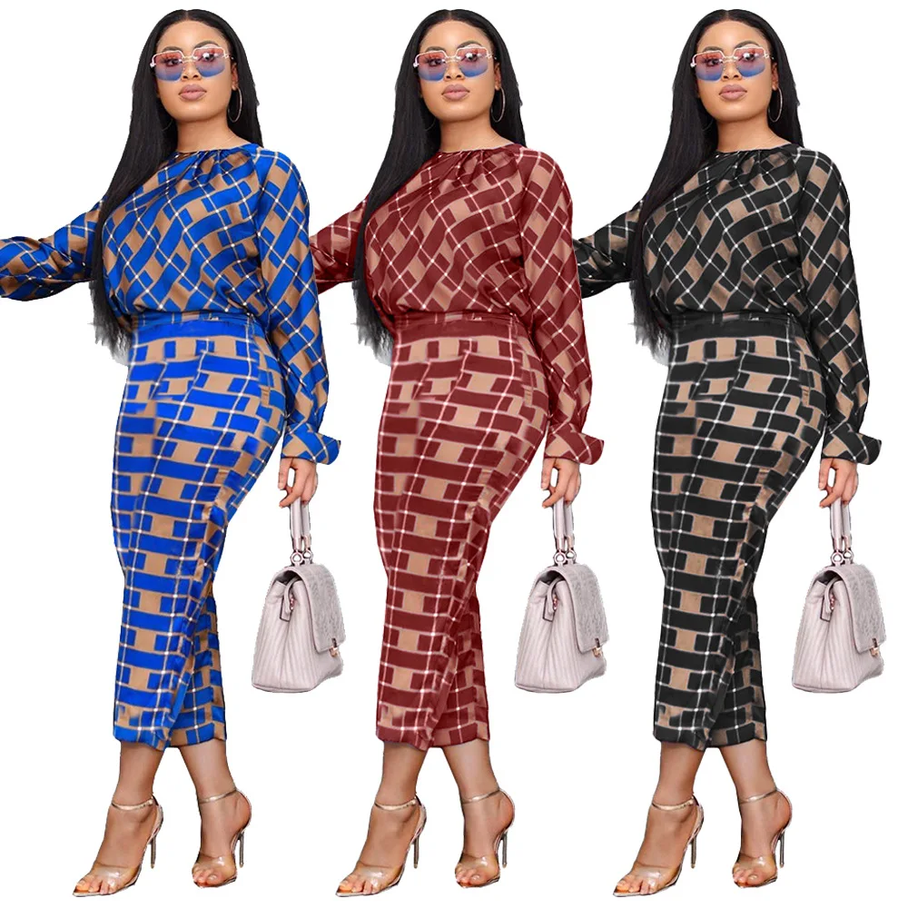 

Autumn Plaid Print Two Piece Set Fashion Round Neck Long-sleeved Tshirt Tight Pants Suit Casual 2 Piece Suit Women