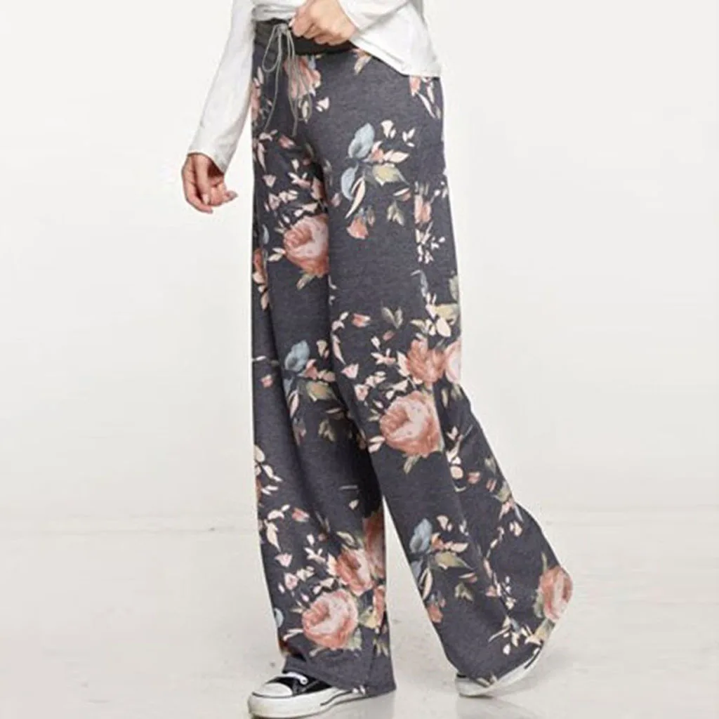 

Jeans Womens Comfy Stretch Floral Print Drawstring Wide Leg Lounge Pants High Waist Loose Casual Fashion Long Women's Tracksuit