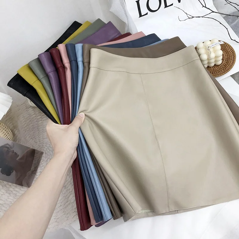 

Autumn winter pu leather skirts womens 2020 black leather female student skirt high waist versatile A-line hip skirt Office Lady