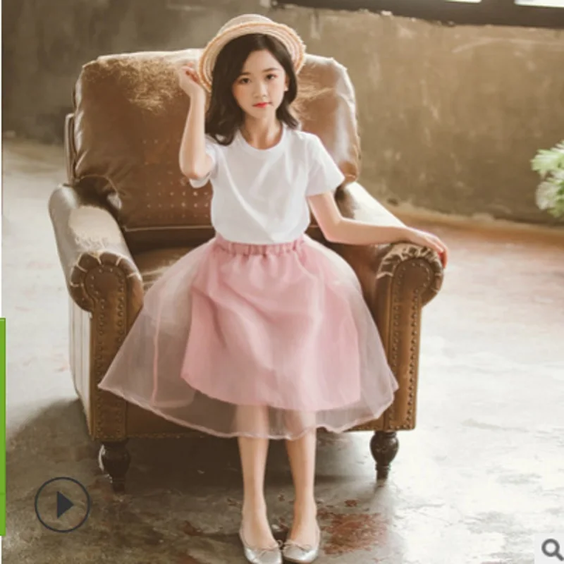 

Kids Clothes Sets Spring/Summer 2021 New Girls T Shirt Mesh Skirt Clothing set Children Cute Dress Sets 2 Piece Size4-14 ly077