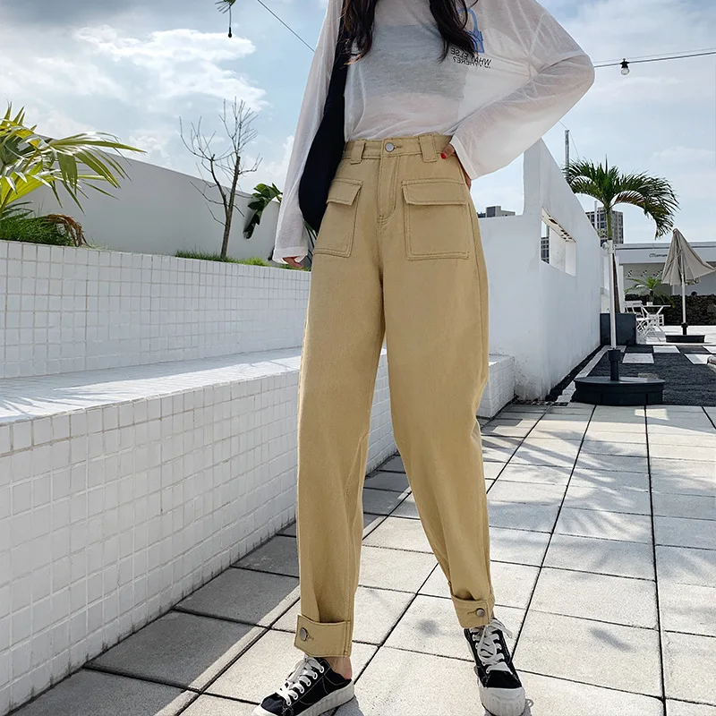 

Loose Cropped Jeans Womens Harem Pants High Waist Khaki Casual Trousers Patchwork Pants Hong Kong Style Ladies Pants Aesthetic