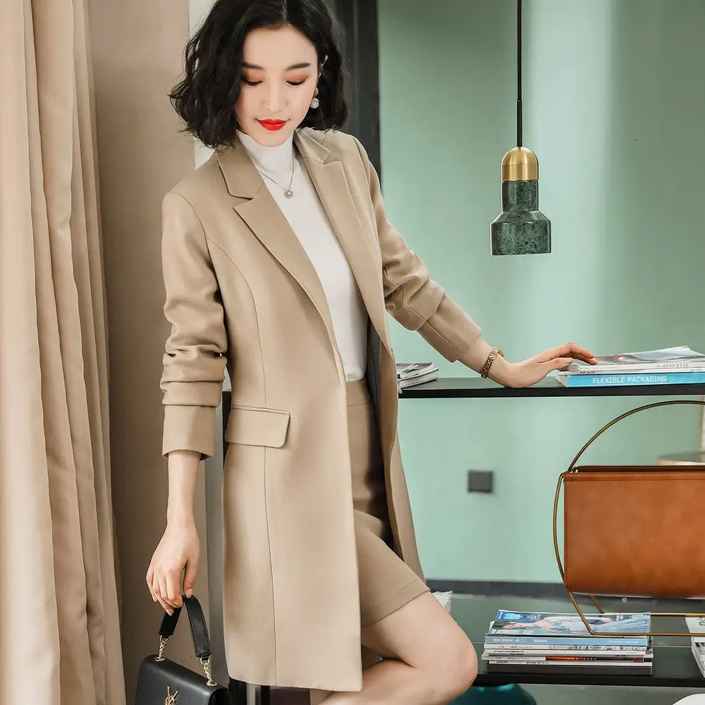 khaki suit Дамская элегантная офисная одежда платье костюм женский длинный стиль куртка юбка M-4XL размера плюс синтетическая ткань Рабочий костюм f80808 - Цвет: khaki suit