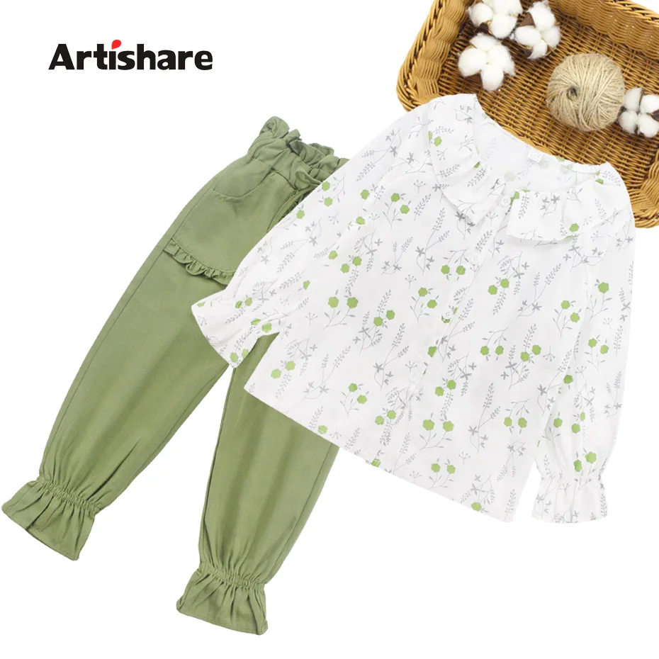 Детская одежда для девочек рубашка с цветочным принтом и штаны костюм полный