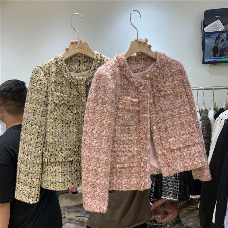 

Office Lady Elegant Tweed Jackets Fashi Plaid O-Neck Single Breasted Overcoats Spring Retro Top Korean Fall Runway Fashion Coats
