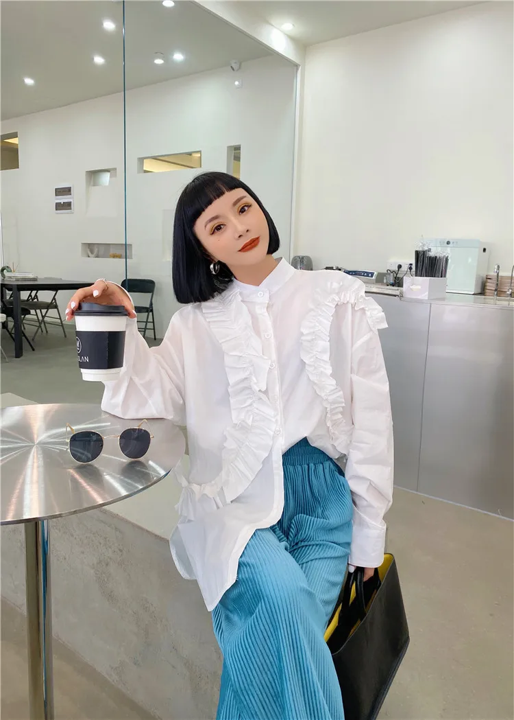 

2021 Women's New White Shirt Stand Collar Pleated Court Style French Retro Long Sleeve Top Mid-Length Loose Blouse