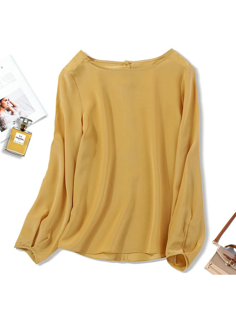 

Spring and summer round neck long sleeve solid color large size chiffon shirt pleated British thin casual OLT shirt blusa