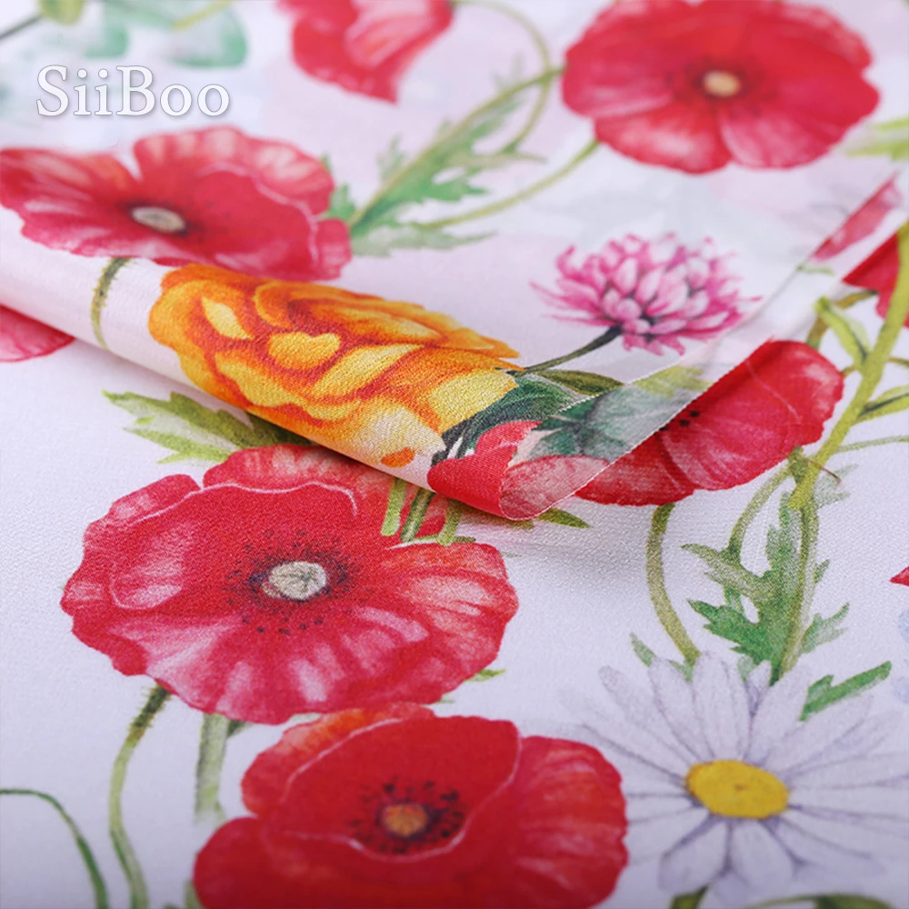 Элегантная красная Цветочная печать 100% Шелковая крепдешиновая ткань одежда для