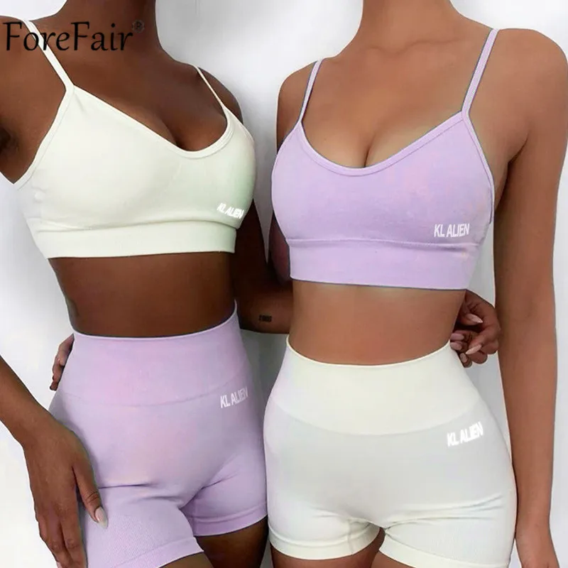 Forefair Summer 2020 Refiective Women Sets Spaghetti Strap Crop Top White And Biker Shorts Two Pieces Set Sleeveless Workout |