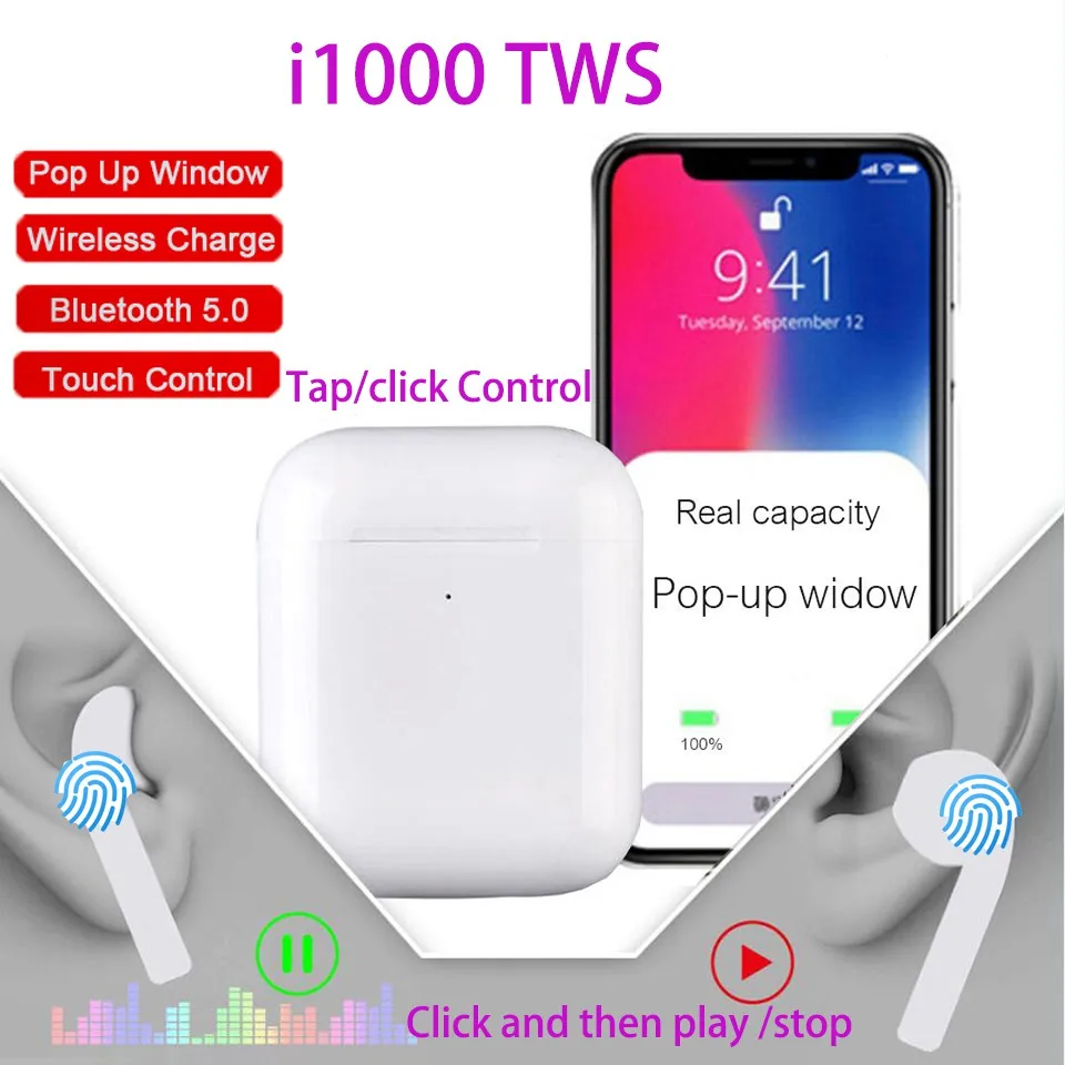 Беспроводные Bluetooth наушники i1000 TWS Pop Up Smart Touch управление Беспроводная зарядка супер бас стерео наушники PK i80