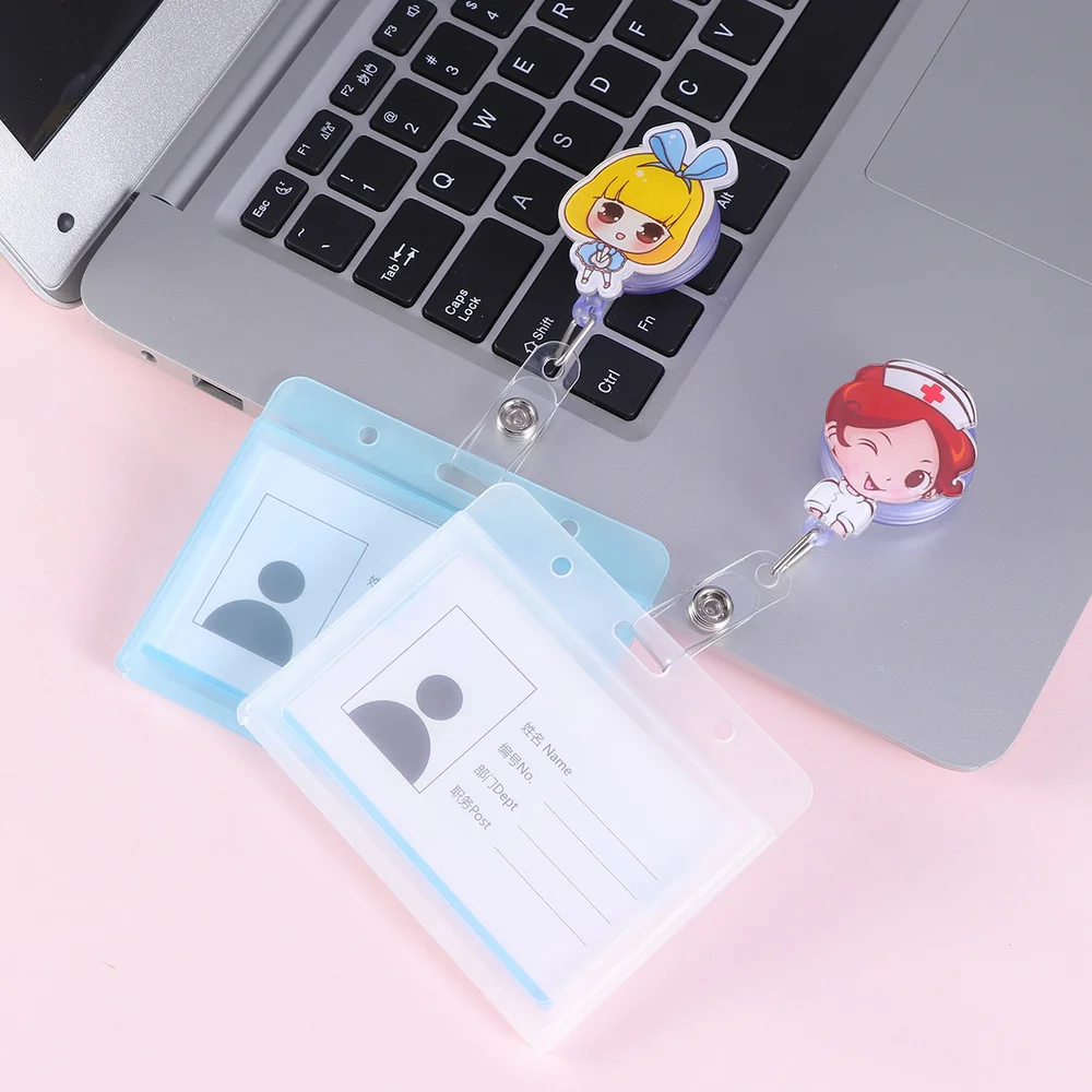 

5 Pcs Cartoon Holder Badge Reel Cover Waterproof Set Lanyard for Nurse (Blue Skirt Girl + Blue Scrub, Orange + Scrub, Winki