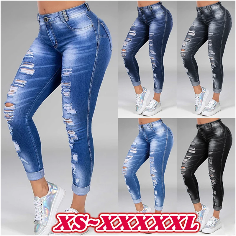 

Washed Ripped Jeans Women Plus Size S-5XL Korean High Waist Trousers Skinny Denim Jeans Black Blue Hollow Bleached Pencil Pants